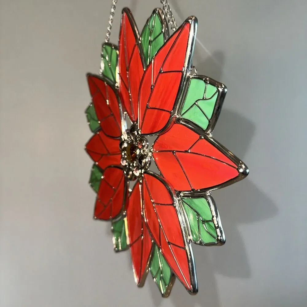 Stained‎ Glass Pointsettia Christmas Flower Wreath Door Window Decor Sun Catcher